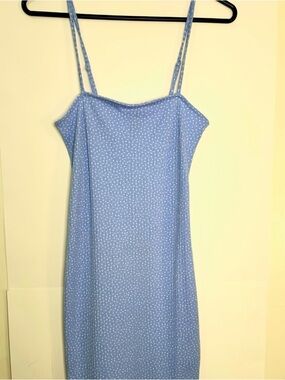 Light Blue Spaghetti Strap Polka Dot Ribbed Dress